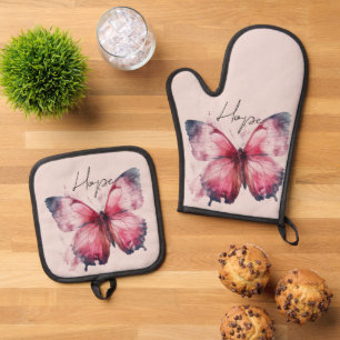 Inspirational Pink Hope Butterfly Oven Mitt & Pot Holder Set