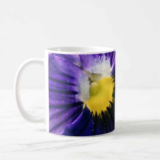 Inspirational purple pansy macro photograph modern coffee mug (Left)