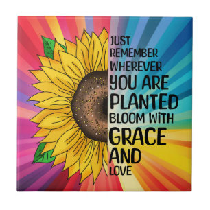 Inspirational Quote and Hand Drawn Sunflower Ceramic Tile