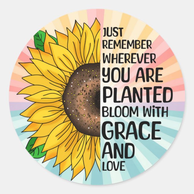 Inspirational Quote and Hand Drawn Sunflower Classic Round Sticker (Front)