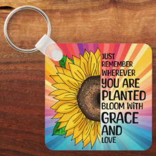 Inspirational Quote and Hand Drawn Sunflower Key Ring