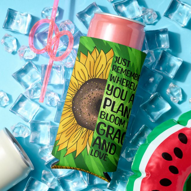 Inspirational Quote and Hand Drawn Sunflower Seltzer Can Cooler (In Situ Summer)