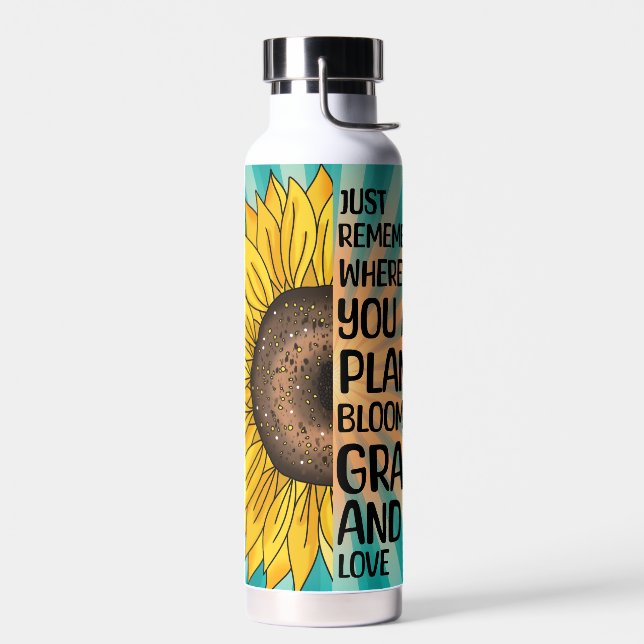 Inspirational Quote and Hand Drawn Sunflower Water Bottle (Left)