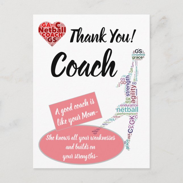 Inspirational Quote Netball Coach Thank You Postcard (Front)