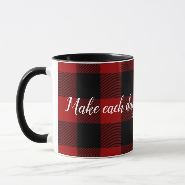 inspirational quote on buffalo plaid mug (Left)