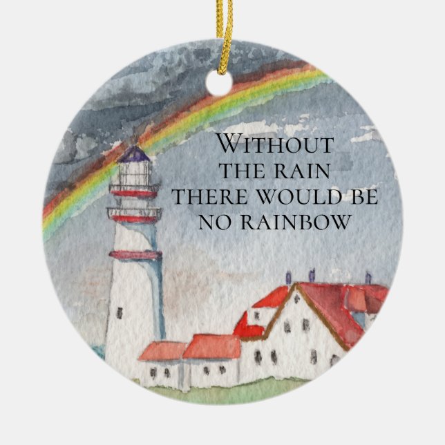 Inspirational Red and White Lighthouse and Rainbow Ceramic Ornament (Front)