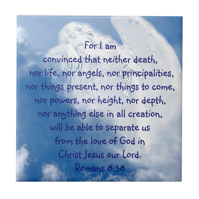 Inspirational Scripture Angel In Clouds, Romans 8 Ceramic Tile (Front)