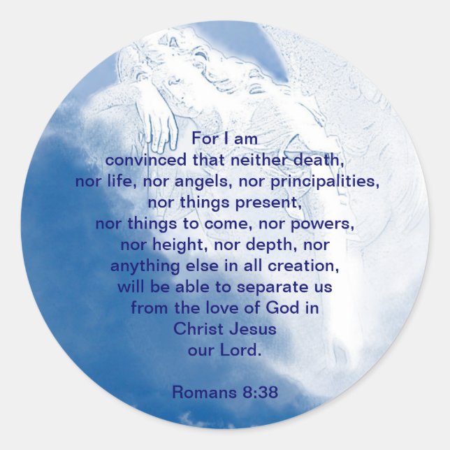 Inspirational Scripture Angel In Clouds, Romans Classic Round Sticker (Front)