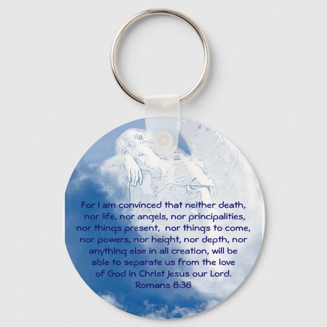 Inspirational Scripture Angel In Clouds, Romans Key Ring (Front)