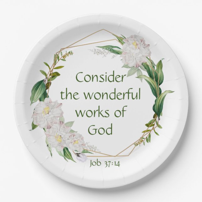 Inspirational Scripture Quote White Roses Flower Paper Plate (Front)