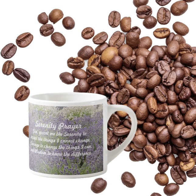 Inspirational Serenity Prayer Lavender Garden Espresso Cup (In Situ Coffee Beans)
