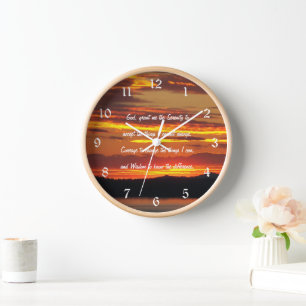 Inspirational Serenity Prayer Orange Sunset Clock