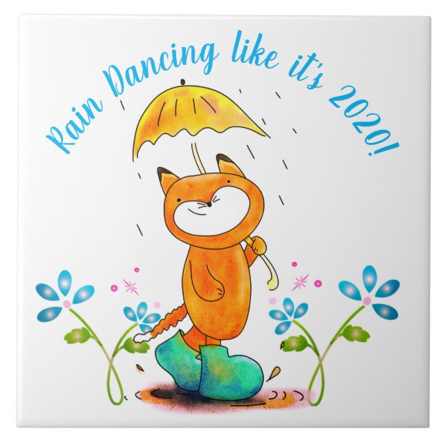 Inspirational Spring Fox with Umbrella Ceramic Tile (Front)