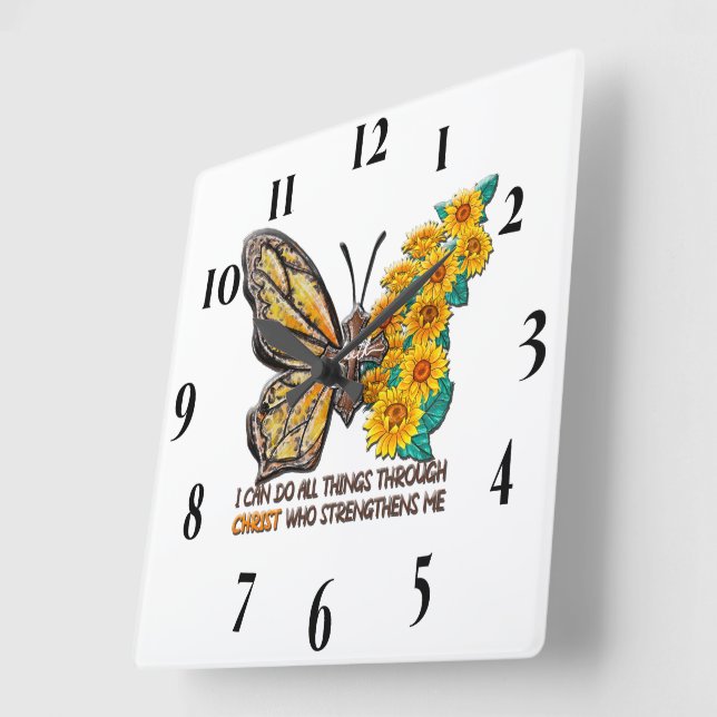 Inspirational Sunflower/Cross/Butterfly Square Wall Clock (Angle)