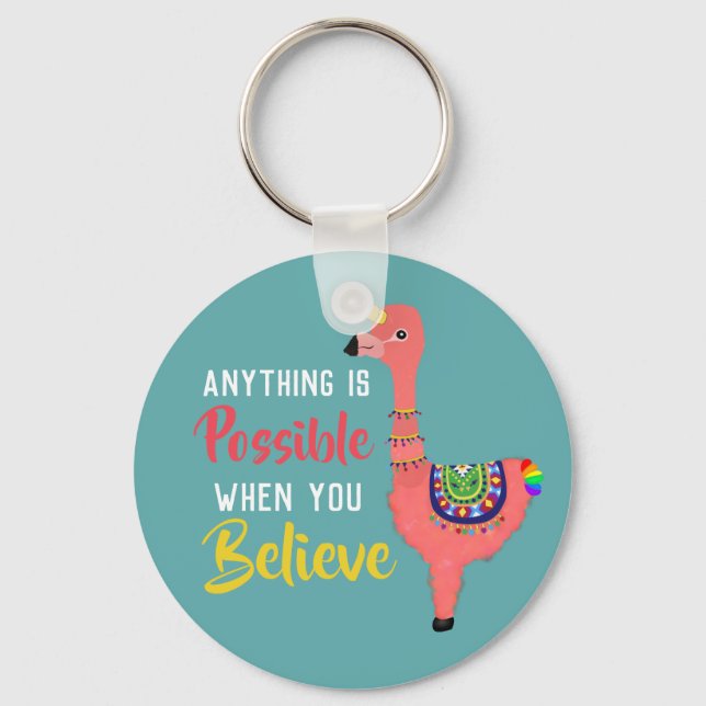 Inspirational Unicorn Flamingo Llama Believe Quote Key Ring (Front)