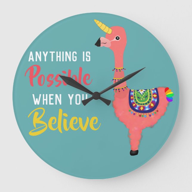 Inspirational Unicorn Flamingo Llama Believe Quote Large Clock (Front)