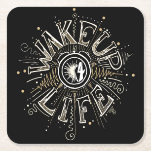 Inspirational WAKE UP 4 LIFE quote illustration Square Paper Coaster
