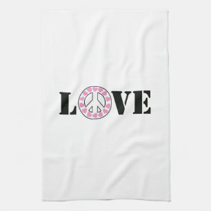 Inspirational White Pink Love Peace Hearts Tea Towel