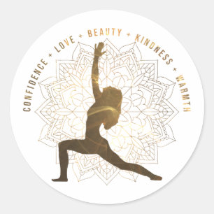 Inspirational words for kindness yoga pose brown classic round sticker