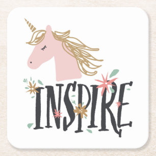 Inspire   Gold Mane Unicorn Square Paper Coaster