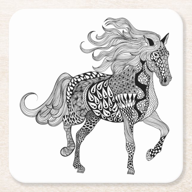 Inspired Black Horse Square Paper Coaster (Front)