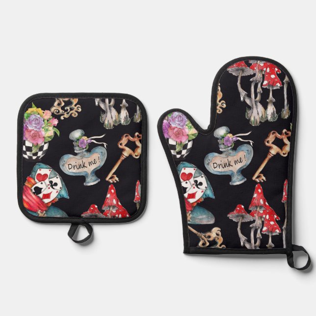 Inspired By Alice In Wonderland Oven Mitt & Pot Holder Set (Front)