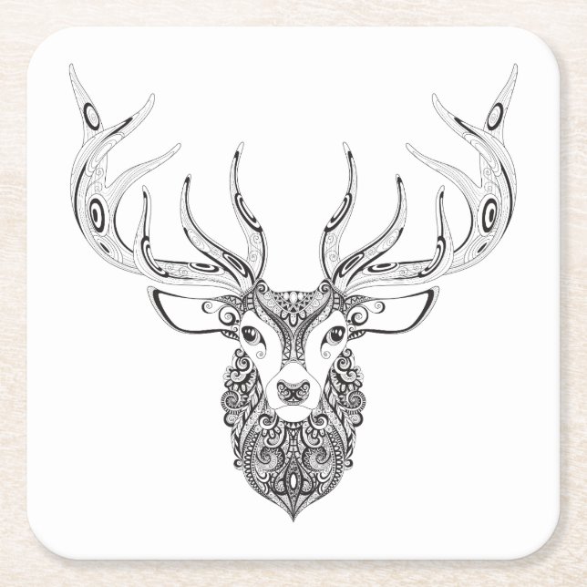Inspired Deer Horned Head Square Paper Coaster (Front)