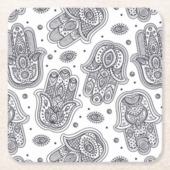 Inspired Hand Drawn Hamsa Square Paper Coaster (Front)