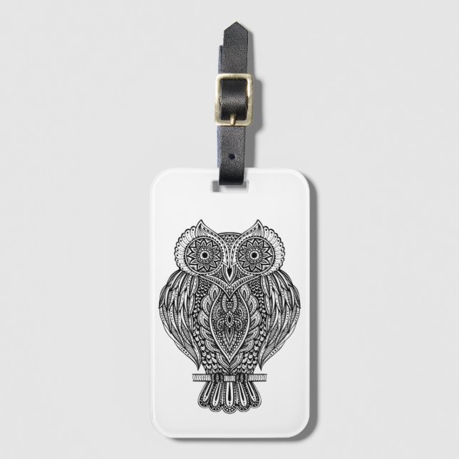 Inspired Hand Drawn Ornate Owl Luggage Tag (Front Vertical)
