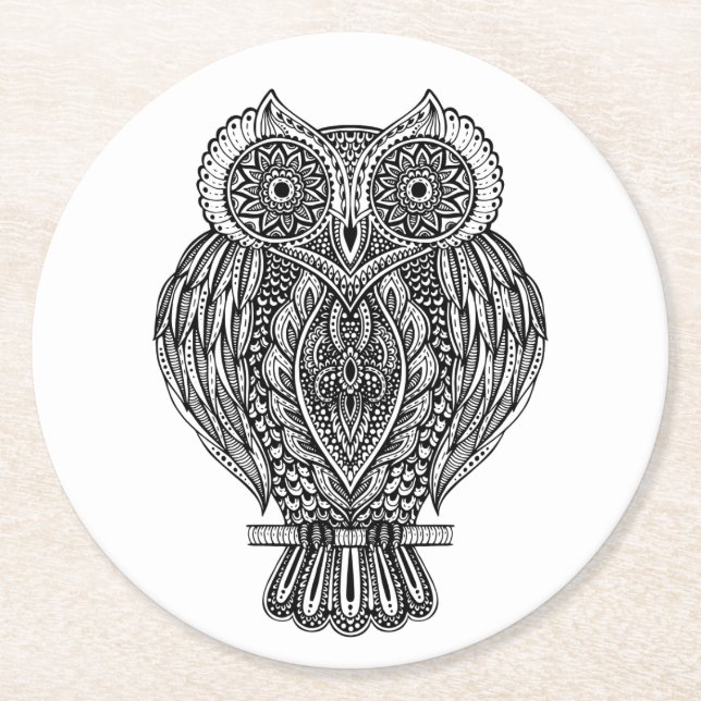 Inspired Hand Drawn Ornate Owl Round Paper Coaster (Front)