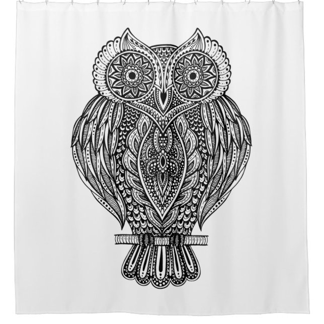 Inspired Hand Drawn Ornate Owl Shower Curtain (Front)