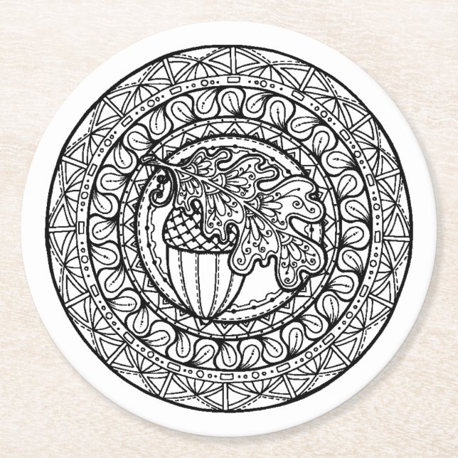 Inspired Mandala Autumn Oak Leaf Round Paper Coaster (Front)