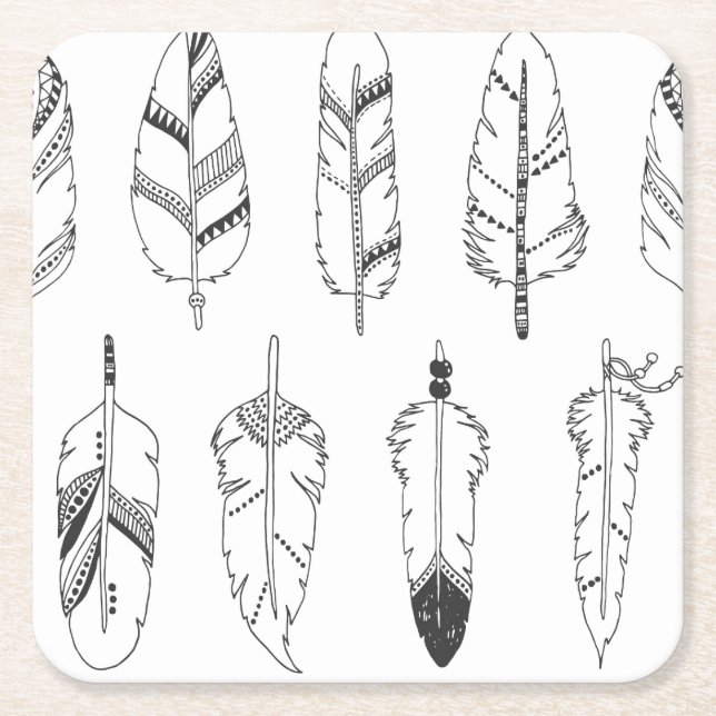 Inspired Retro Feather Pattern Square Paper Coaster (Front)