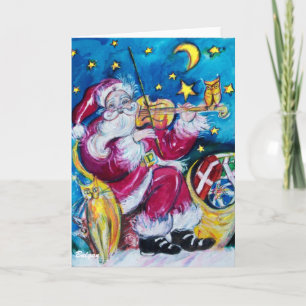 INSPIRED SANTA PLAYING VIOLIN,Owl, Christmas Night Holiday Card