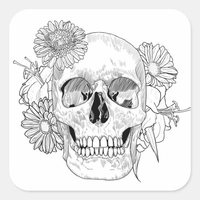 Inspired Skull And Flowers Square Sticker (Front)