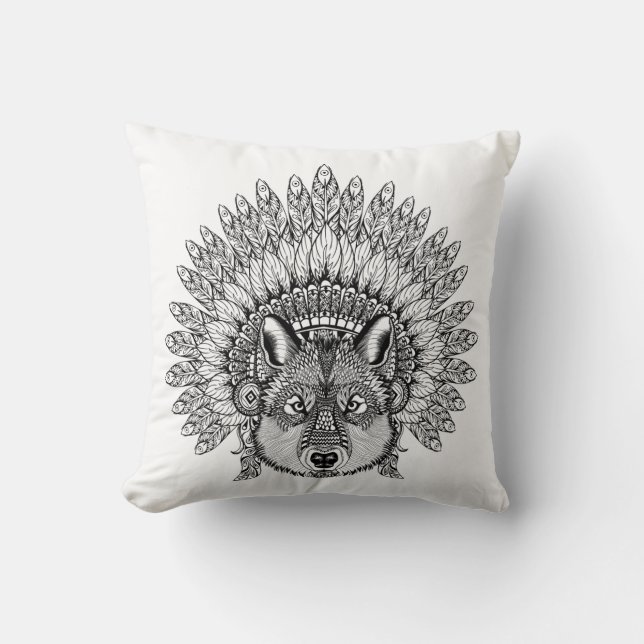 Inspired Wolf In Feathered War Bonnet Cushion (Front)