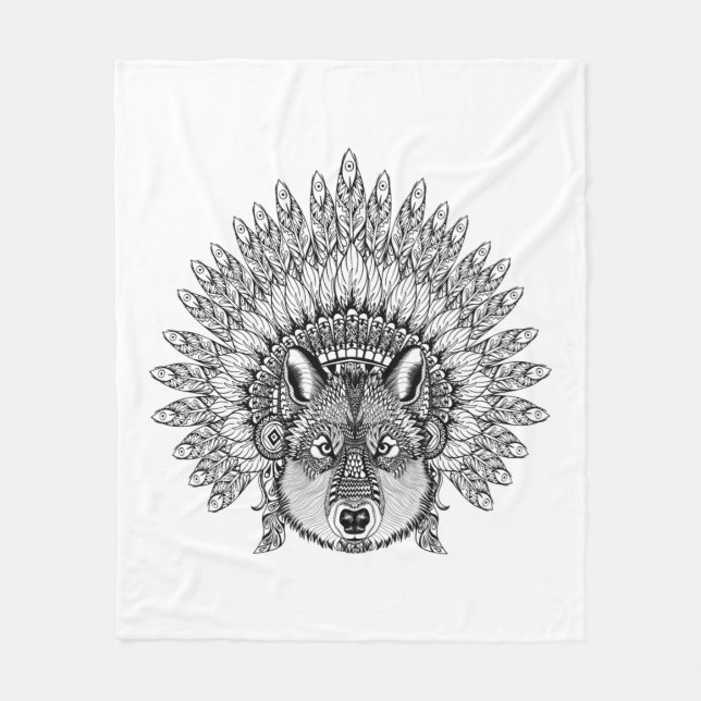 Inspired Wolf In Feathered War Bonnet Fleece Blanket (Front)