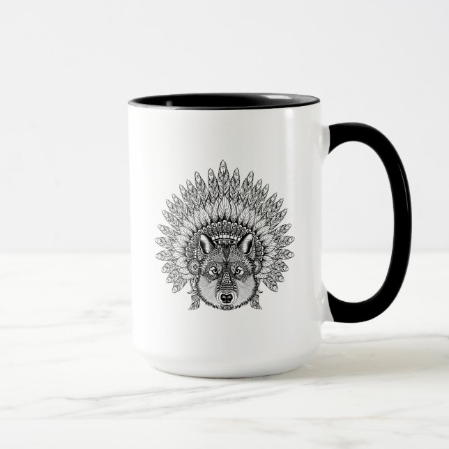 Inspired Wolf In Feathered War Bonnet Mug (Right)
