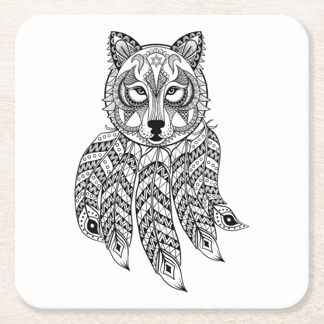 Inspired Wolf With Dreamcatcher Square Paper Coaster (Front)