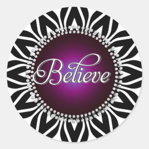 InspireMe! Believe Black White Mandala Plum Circle Classic Round Sticker