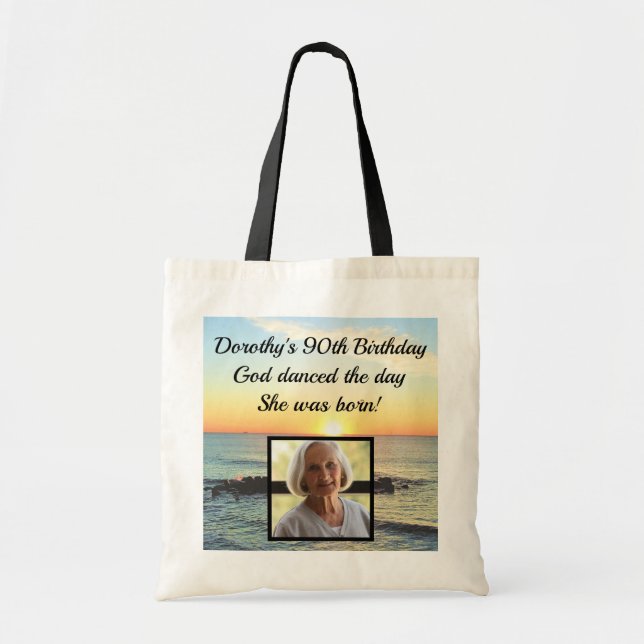INSPIRING 90TH BIRTHDAY PERSONALIZED PHOTO SUNRISE TOTE BAG (Front)