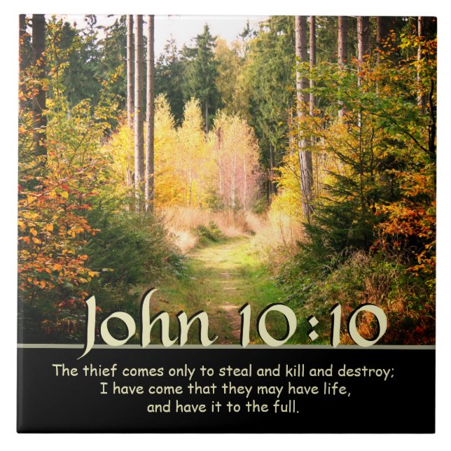 Inspiring Bible Verse John 10 10 Autumn Path Ceramic Tile (Front)
