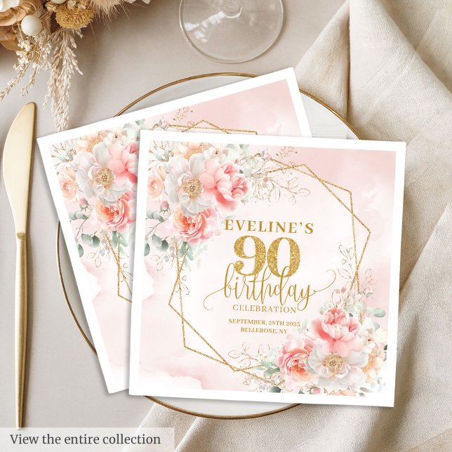 Inspiring blush pink floral 90th birthday luncheon napkin (Inspiring blush pink floral 90th birthday luncheon Napkins)