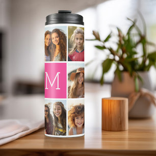 Instagram 11 Photo Collage Custom Monogram Pink Thermal Tumbler