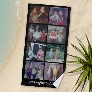 Instagram 8 Photo Collage - script text - black Beach Towel