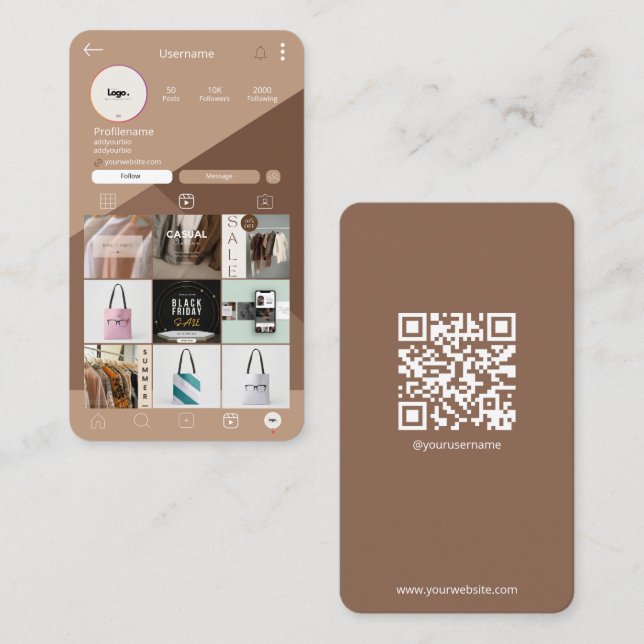 Instagram Business Card Brown QR Code Busines Card (Front/Back)