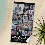 Instagram Collage - 18 photos script - Black White Beach Towel<br><div class="desc">A design with a black background and a place to add text in a trendy script. Use up to 18 square photos to create a unique and personal gift. If you need to adjust the pictures,  click on the customise tool to make changes.</div>
