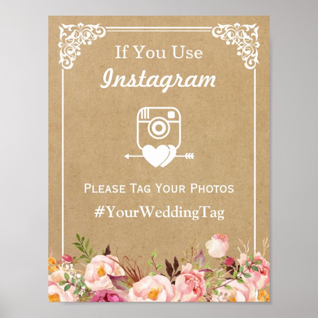 Instagram Hashtag Wedding Sign | Floral Kraft (Front)