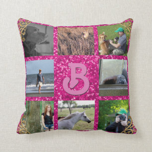Instagram Photo Collage Pink   Custom Monogram Cushion