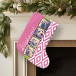 Instagram Photo Collage with Ikat hot pink name Small Christmas Stocking<br><div class="desc">You can use 4 photos with frames on this one! Add your favourite four photos to this strip for a fun memory keeper. An artistic way to display your best photo sharing pics.</div>